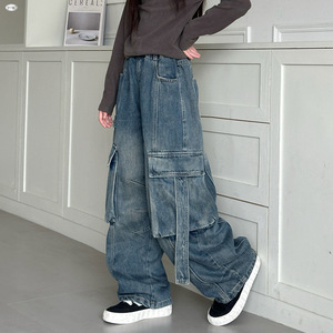 <span class=keywords><strong>Pantaloni</strong></span> cargo in denim con tasche grandi per ragazze, tinta unita, modello ampio e corto, per bambine più grandi, primavera/autunno - Product Image 2