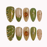 Faux ongles à presser en acrylique style exotique vintage, avec ligne métallique dorée, effet œil de chat, lune, étoile, gemmes et strass, forme amande, personnalisables