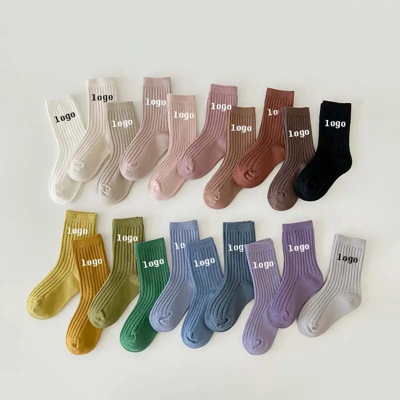 Wholesale boutique baby colorful cotton ribbed crew for school children socks custom made logo packaging