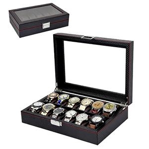 Estuche de Almacenamiento para Relojes de Lujo, de Fibra de Carbono Negra y Cuero PU, con 12 Ranuras, Estuche de Viaje para Relojes con Ventana de Vidrio - Product Image 1
