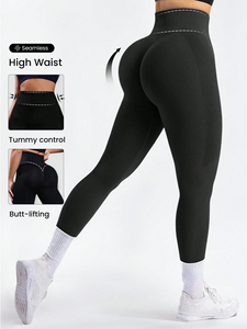 Leggings de sport taille haute élastiques, couleur unie, sans couture, en Spandex/Nylon, pour yoga, course et entraînement - Product Image 1