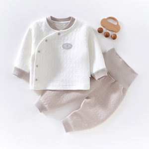 Ensemble de sous-vêtements thermiques pour bébé, manches longues, épaissi, couleur unie, pur coton, taille haute, protection du ventre, deux pièces, automne-hiver - Product Image 1