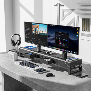 Heavy-Duty 1100mm Ergonomic <strong>Monitor</strong> <strong>Stand</strong> for Dual <strong>Monitors</strong> with <strong>Triple</strong> Drawer Storage and Wireless Fast Power Hub - Product Image 4
