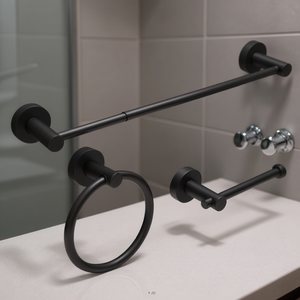 Ensemble de quincaillerie de salle de bain noir mat réglable, barre porte-serviettes et porte-serviette à anneau en aluminium de 16 à 27 pouces, fixation murale, design moderne - Product Image 2