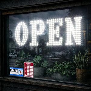 Enseigne LED ouverte 31x11 pouces, texte statique blanc, alimentation par prise, pour vitrine de magasin ou affichage en vitrine - Product Image 1