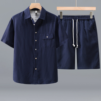Ensemble deux pièces assorti pour homme, décontracté chic, respirant, en lyocell et lin, à manches courtes, col montant, poche à rabat, pour l'été