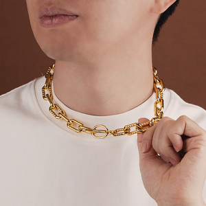 Moda impermeable OT cierre collar de cadena de acero inoxidable 18K chapado en oro hecho a mano grueso Paperclip enlace cadena collar conjunto - Product Image 2
