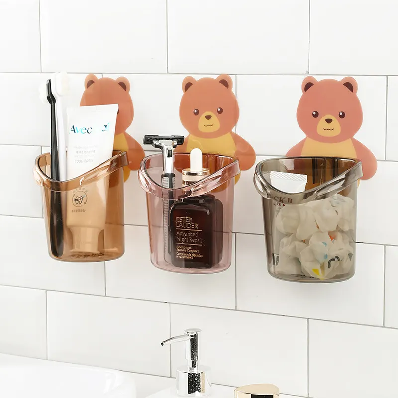 Teddy Bear pemegang sikat gigi dinding, aksesori kamar mandi rak penyimpanan bebas lubang cangkir sikat gigi terpasang di dinding