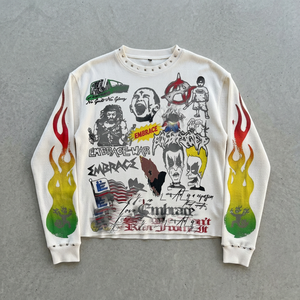 Men's <b>Long</b> <b>Sleeve</b> Printed Knitted <b>T</b>-<b>Shirt</b> O-Neck Street Style Cartoon Pattern <b>White</b> Oversized 100% Cotton Breathable - Product Image 2