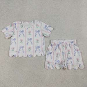 Conjunto de Ropa para Niñas Pequeñas al por Mayor, Blusa con Lazo Floral Azul y Mangas con Volantes, con Pantalones Cortos a Juego, Ropa Casual de Verano para Niños - Product Image 5