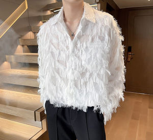 <strong>Men's</strong> Henry Neck Slim Casual Shirts Handmade 3D Feather Design Unique Social Camisas Homme <strong>Clothes</strong> - Product Image 2