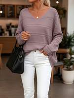 Suéter de punto acanalado suave y cálido de cuello en V texturizado color malva al por mayor, ideal para citas y uso diario.