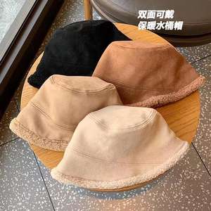 Sombrero de Pescador Reversible de Doble Cara para Mujer, Cálido, de Forro Polar, para Invierno, en Tela de Gamuza, Color Beige, Negro, Café, Gris - Product Image 1