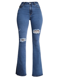 Pantalones vaqueros acampanados de cintura alta para mujer, estilo urbano, negros, desgastados, rasgados, elásticos, de largo completo con abertura - Product Image 1