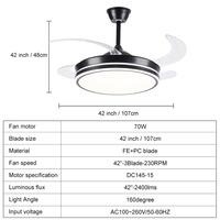 Ventilador de Techo LED Retráctil con Control Remoto de 42 Pulgadas, 6 Velocidades y 3CCT para Decoración de Interiores de Sala de Estar y Dormitorio, Precio de Fábrica