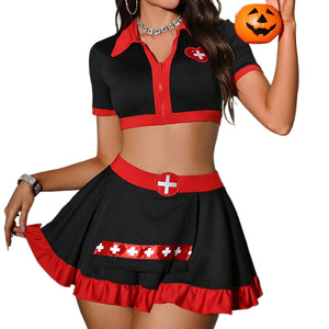 Costume da <span class=keywords><strong>Infermiera</strong></span> Sexy per Donna, Top a Vita Bassa con Contrasto di Colore Rosso e Nero in Poliestere per Halloween - Product Image 5
