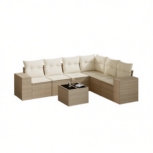 Set Divano da Esterno in Rattan Beige a 6 Posti, Arredamento da Giardino Contemporaneo in Vimini con Tavolino - Product Image 1