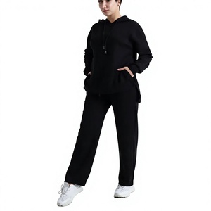 Ensemble de survêtement d'hiver décontracté pour femmes, 2 en 1, couleur unie, séchage rapide, vêtements d'entraînement sportif, polyester/coton - Product Image 1