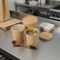Seau à soupe en papier compostable avec couvercle, récipient alimentaire jetable en papier kraft pour bouillon et ragoût