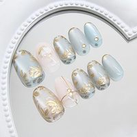 Uñas Postizas Color Azul Hielo, Uñas Acrílicas en Forma de Almendra, Uñas Artificiales Hechas a Mano