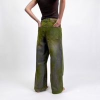 Jean DIZNEW pour homme, vert gris délavé, coupe ample, avec broderie motif feuille de plante, vigne et hirondelle jaune-vert sur la jambe gauche, personnalisé OEM DIZNEW