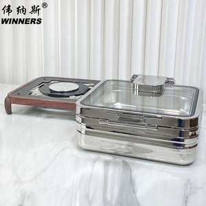 WINNERS Deluxe Buffet <strong>Food</strong> Warmer Equipment 304 Stainless Steel Hydraulic Electric Chafing Dishes with Wood <strong>Stand</strong> for Restaurant - Product Image 1