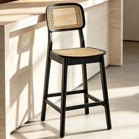 Tabouret de bar en rotin de style mid-century, tabouret de comptoir en bois d'hévéa, chaise de bar de cuisine en rotin indonésien tressé à la main avec dossier
