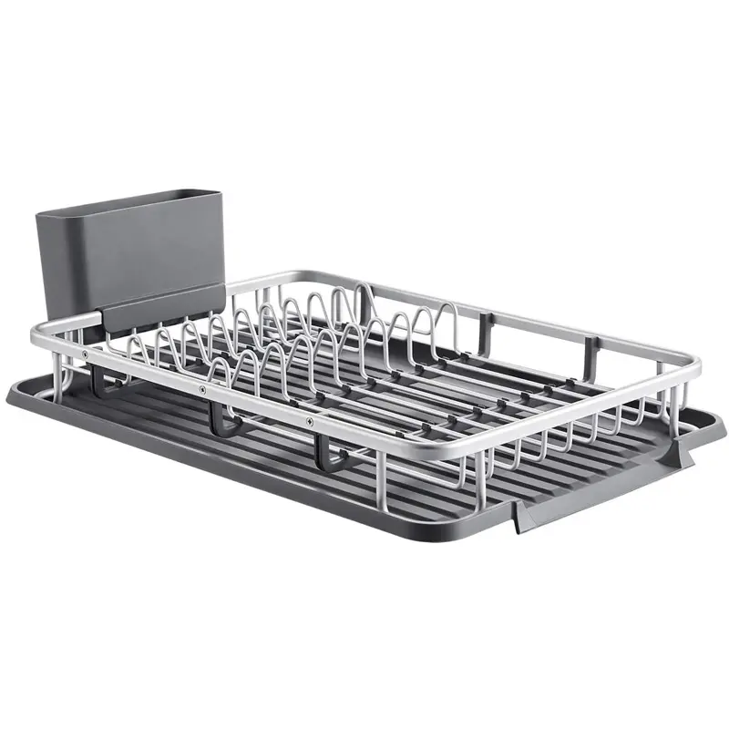 Aluminum Dish Drainers Compact Dish Drying Rack with Removable Drip Tray Utensil Holder, Draining Board Grey Dish Rack