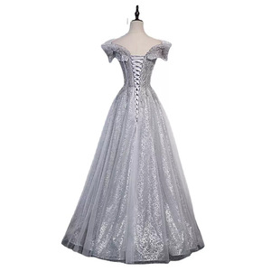 Grey Off The Shoulder Ball Gown Evening Dress With Ruffles Embroidered Organza Natural Waistline For Banquets And Performances - Product Image 5