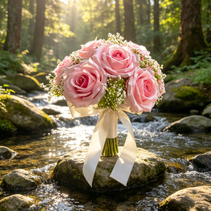 MEORY Bouquet da Sposa Fatto a Mano Stile Mori, <span class=keywords><strong>Campanula</strong></span> e Rosa <span class=keywords><strong>Rossa</strong></span> in Tessuto, per Sposa e Damigelle, Accessorio Moda per Matrimoni e Servizi Fotografici - Product Image 6