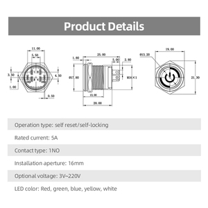 Interruptor de botón de luz LED verde con símbolo de encendido plano, interruptores de botón pulsador impermeables IP67 de 16mm - Product Image 4