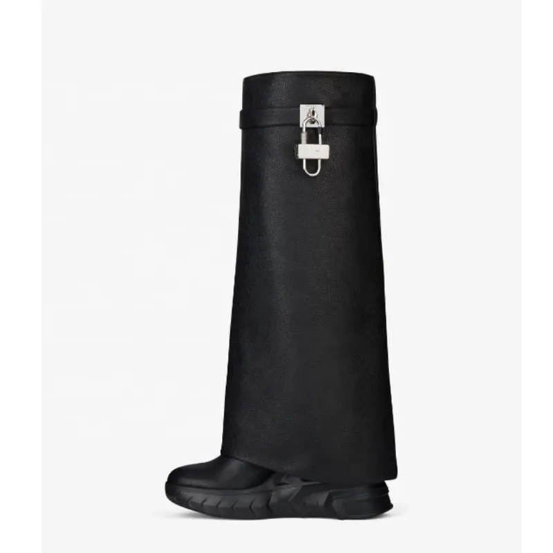 Hot sale new designer tall boots genuine cow leather lock shark buckle flat knee high boots
