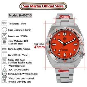 San Martin Diver – montre de luxe pour hommes, 40mm, lunette en acier inoxydable, YN55, automatique, mécanique, saphir, 20 bars, BGW-9, lumineuse - Product Image 2