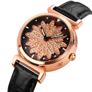 Good Fortune Women's Quartz Watch Red Leather Band Rose Gold Case Diamond Flower Dial Analog 30M Waterproof - Product Image 5