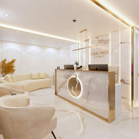 Comptoir avant en or blanc de salon de beauté en forme de U avec logo personnalisé réception en marbre haute brillance avec LED