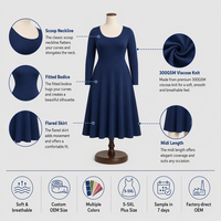 Robe midi élégante en viscose tricotée opaque 300 GSM, coupe évasée, col rond, manches longues, pour femme, grandes tailles, hiver, personnalisable avec logo OEM