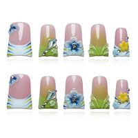 Faux ongles à presser de taille moyenne, couleur nude pastel, French manucure, motif floral 3D, strass roses, bulles orange, ongles artificiels complets