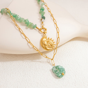 Fashion Layered Necklace Natural Stone Moon Sun Pendant 18K Gold Plated <b>Titanium</b> Steel Clavicle <b>Chain</b> Multi-layer Design - Product Image 3
