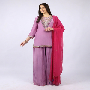 Conjunto de traje Sharara de 3 piezas para mujer, color rosa, con cuentas, lentejuelas, corte Dana y trabajo con hilo de espejo. - Product Image 1
