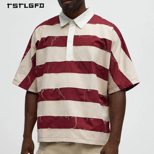 Camisetas Polo a Rayas Borgoña de Talla Grande Personalizadas de Verano OEM/ODM con Borde Desgastado para Hombre, Estilo Vintage - Product Image 1