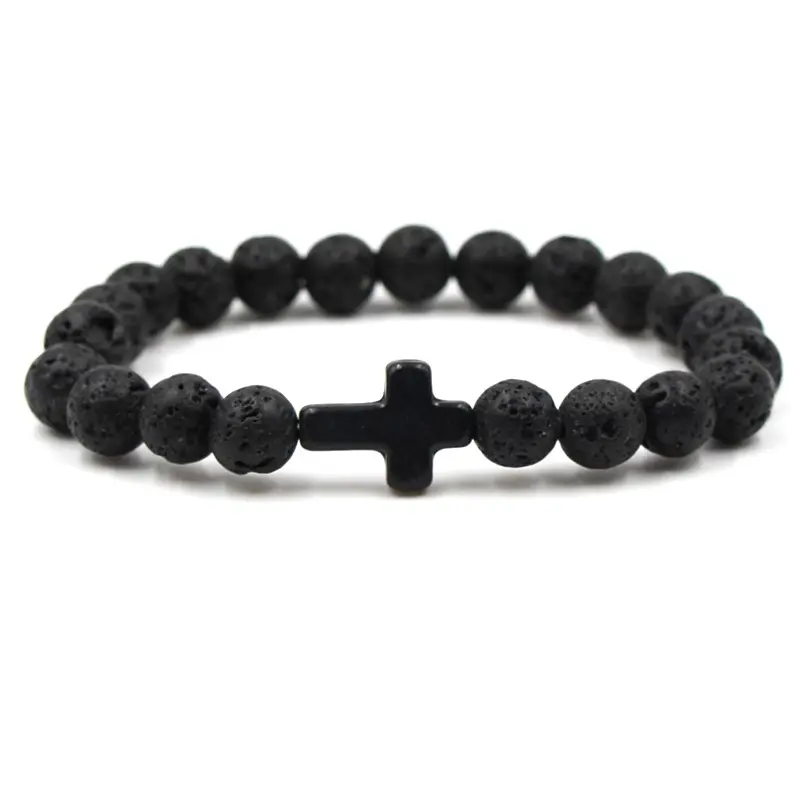 2022 New Design Lava Stone Beads Color Bracelets For Women Men Jesus Jewelry Stone Bead Cross Bracelet