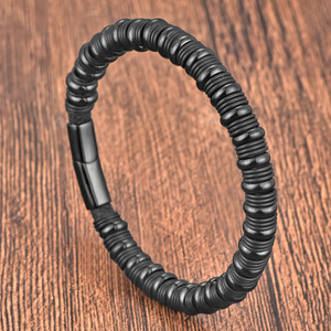 Bracelet en cuir tressé double couche fait main pour homme, cuir de vachette noir et acier inoxydable - Product Image 2