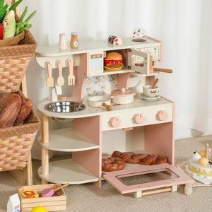 Cute <b>Pink</b> Custom Kids Kitchen Chef Portable Promotional Pretend Play Set with Coffee Machine Microwave Oven Cookware Accessories - Product Image 4