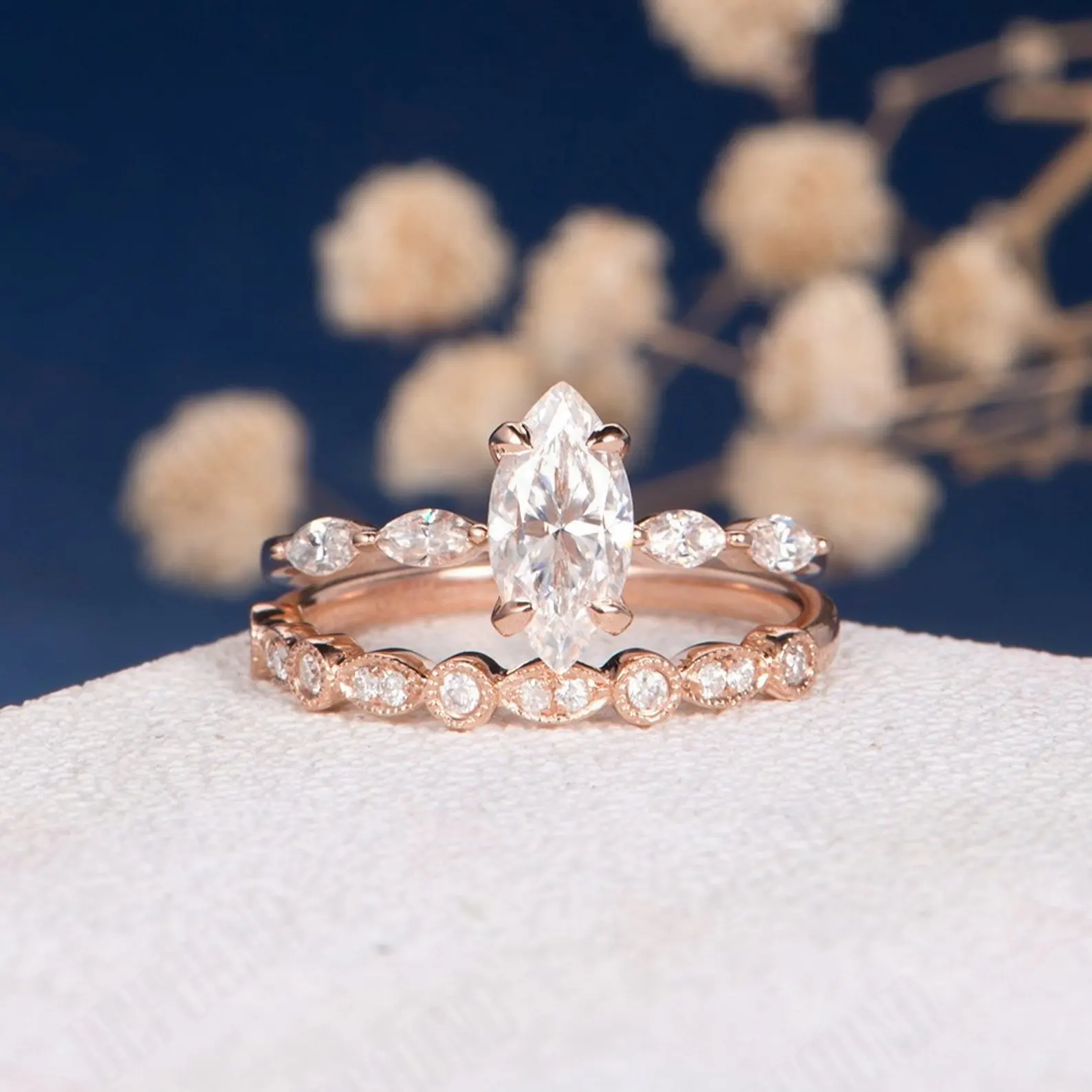 Disesuaikan 18K/14K Wanita Perhiasan 2Pcs Marquise Moissanite Cincin Pertunangan Rose Gold Bridal Set D Warna Vvs Moissanite Cincin Set