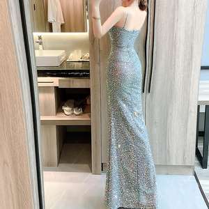 Vestidos de noche largos de cola de pez con lentejuelas, cuello en V y corte halter para mujer, a la moda. - Product Image 6