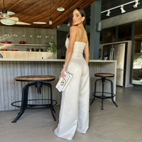Ensemble combinaison pantalon large élégant et transparent à bretelles, couleur unie, taille haute, pour femme, été