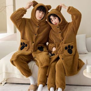 Conjunto <span class=keywords><strong>de</strong></span> Pijamas <span class=keywords><strong>de</strong></span> Franela Gruesa <span class=keywords><strong>de</strong></span> Coral para Parejas, Diseño <span class=keywords><strong>de</strong></span> Oso con Capucha, Térmico, Transpirable, Suave, Cintura Elástica Larga - Product Image 6