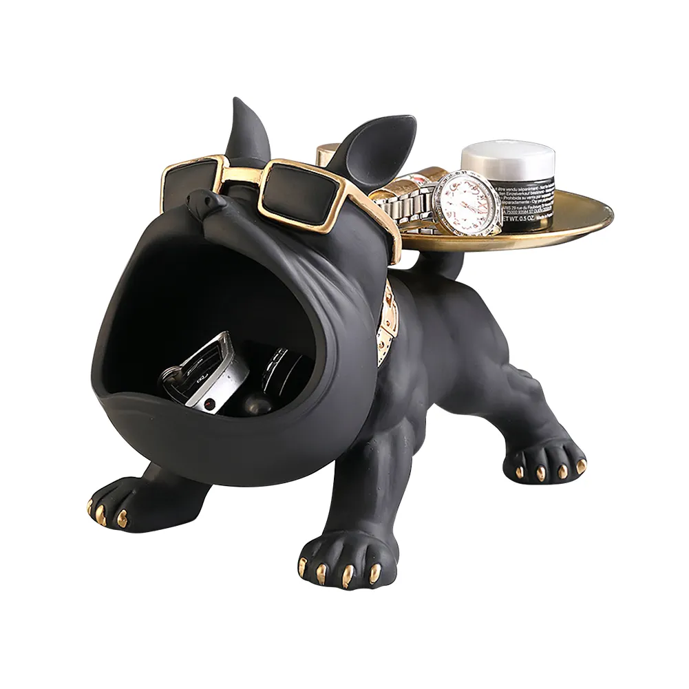 Escultura de decoración nórdica de perro, Bulldog francés de boca grande con bandeja de Metal, estatua de decoración de mesa para sala de estar, escultura de perro