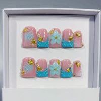 441-445 Faux ongles à presser faits main en forme de bec de canard, 10 pièces, réutilisables, en acrylique, pour enfants, motif carré artificiel