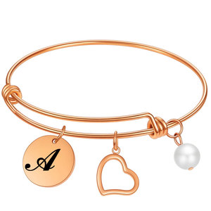 Bracelet Alphabet Gravé au Laser Or Rose Cœur Perle Charme Bijou Unisexe Cadeau - Product Image 5